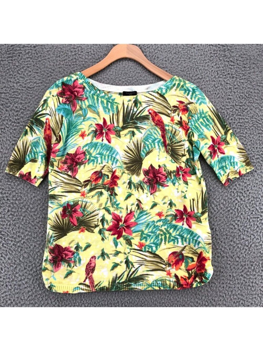 Talbots Sweater Womens Petite Yellow Multi Floral Short Sleeve Tropical Stretch